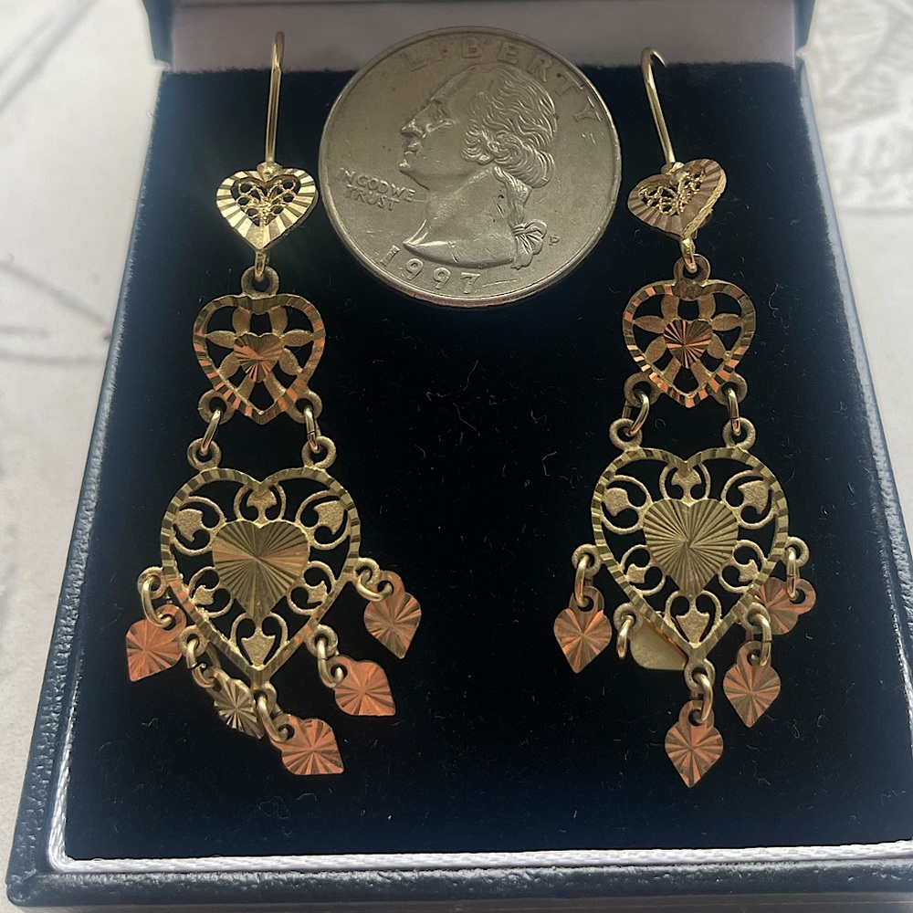 NIB real solid yellow gold dangling filigree arabesque long earrings 😍